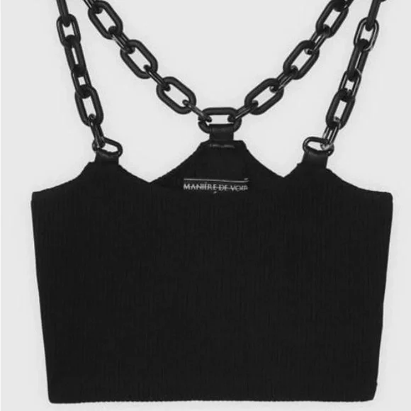 MANIERE DE VOIR Black Chain-Strap Ribbed Crop Tank - Picture 2 of 6